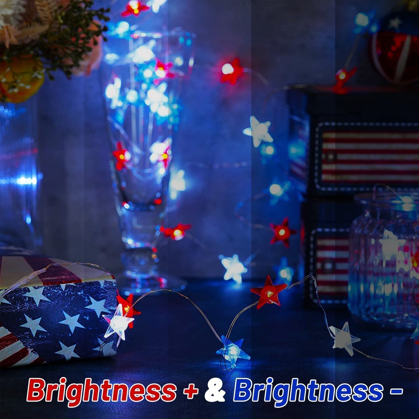 4th of July Decorations Red White and Blue Lights Battery Operated String Lights 16FT 50 LED