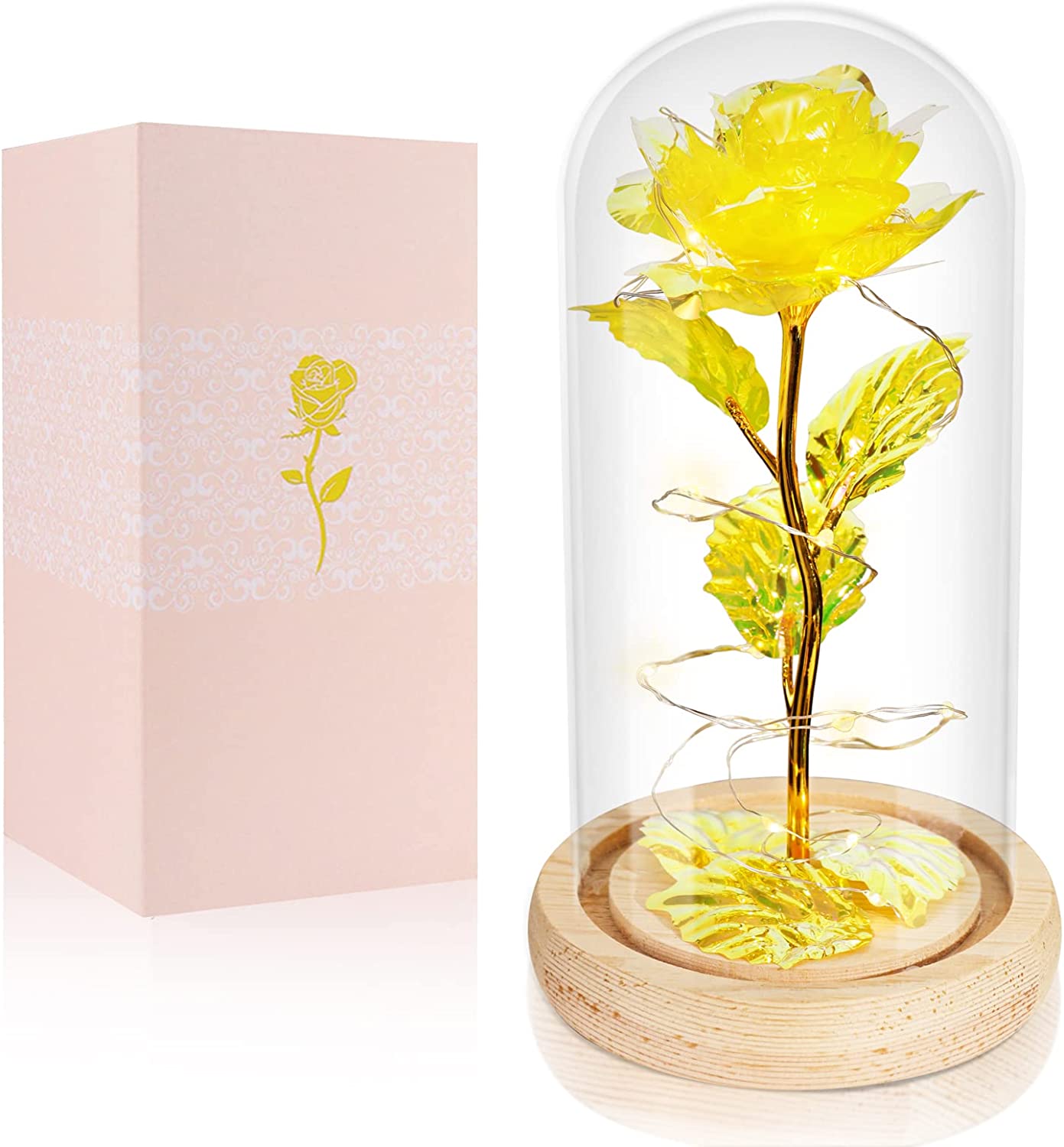 Valentines Day Gifts for Her Galaxy Rose Glass Crystal Flower Gift w/ Light, Gold Yellow