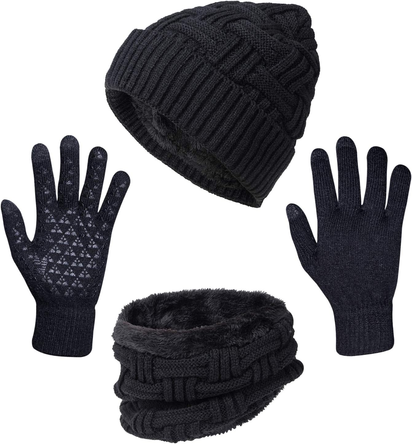 3-Pieces Winter Beanie Hat Scarf and Touch Screen Gloves Set Warm Knit Skull Cap Gifts for Men Women