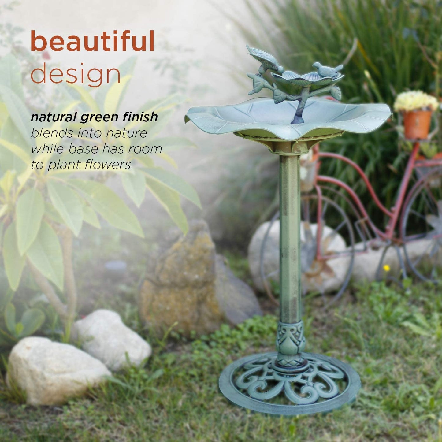 Birdbath Yard Statue, 20" L x 20" W x 33" H, Green & TEC114 Antique Flower Birdbath, 20" L x 20" W x 31" H, Green