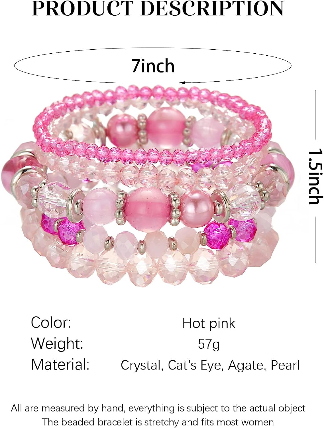 Hot Pink Beaded Boho Stretch Bracelet Colorful Stackable Crystal Beads Bracelets