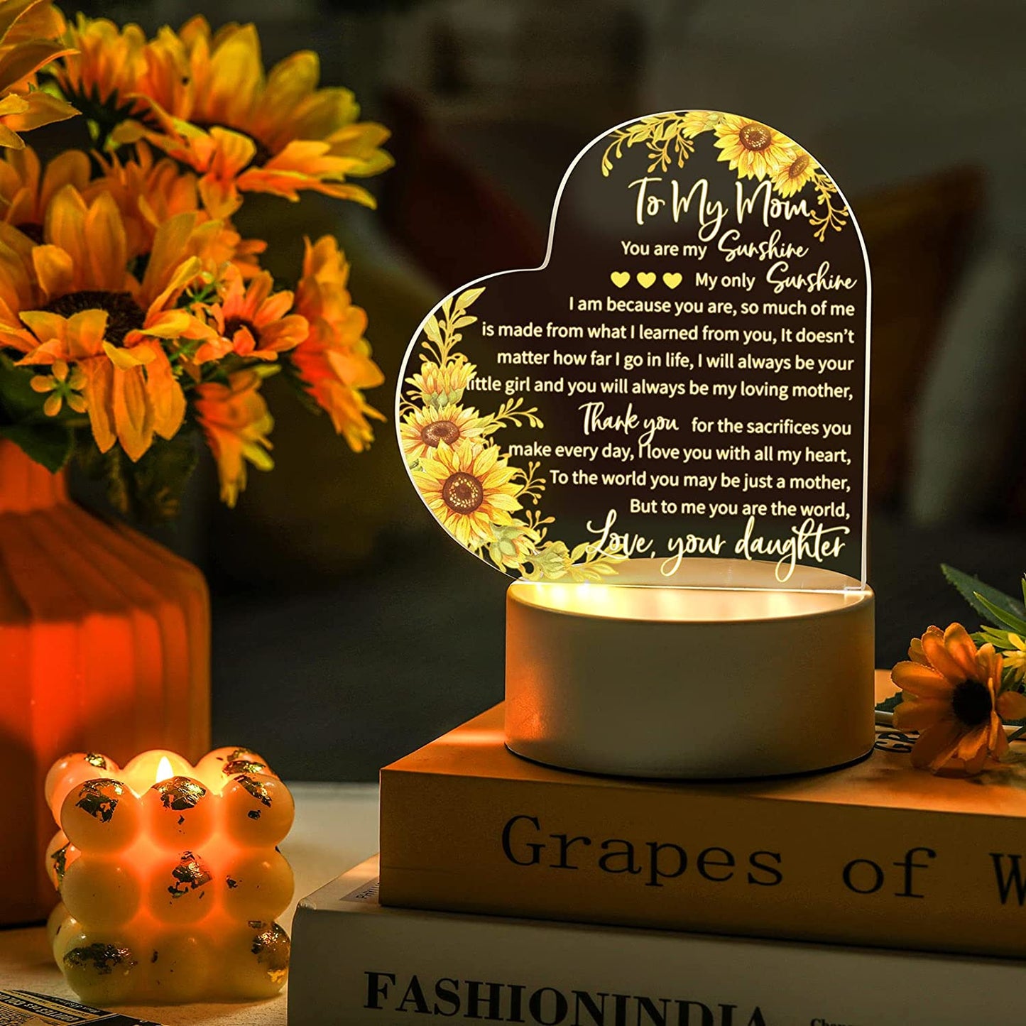 Engraved Acrylic Night Light Birthday/Mothers Day Gift for Mom from Daughter USB Low Power Night Lamps