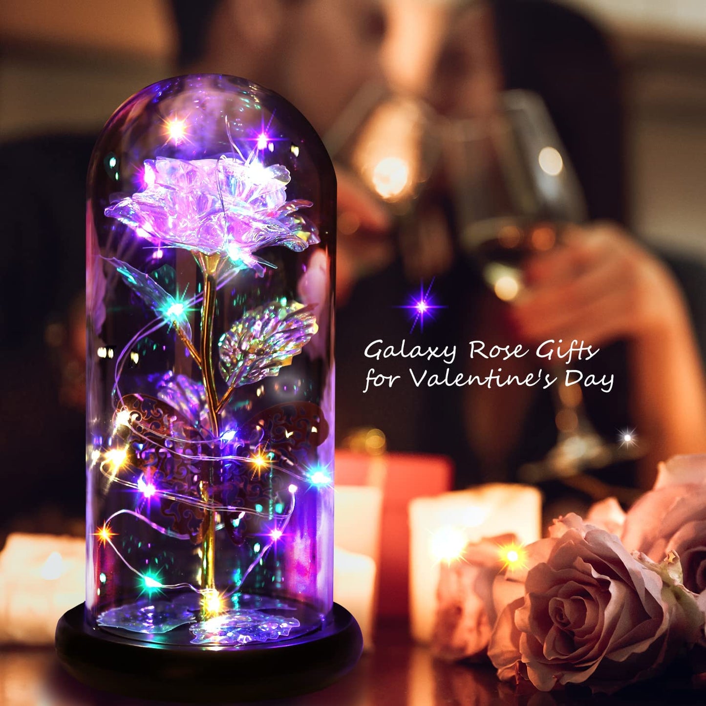 Beauty and The Beast Rose Light Up Galaxy Rose Gift w/ Butterfly in Glass Dome (Gold)
