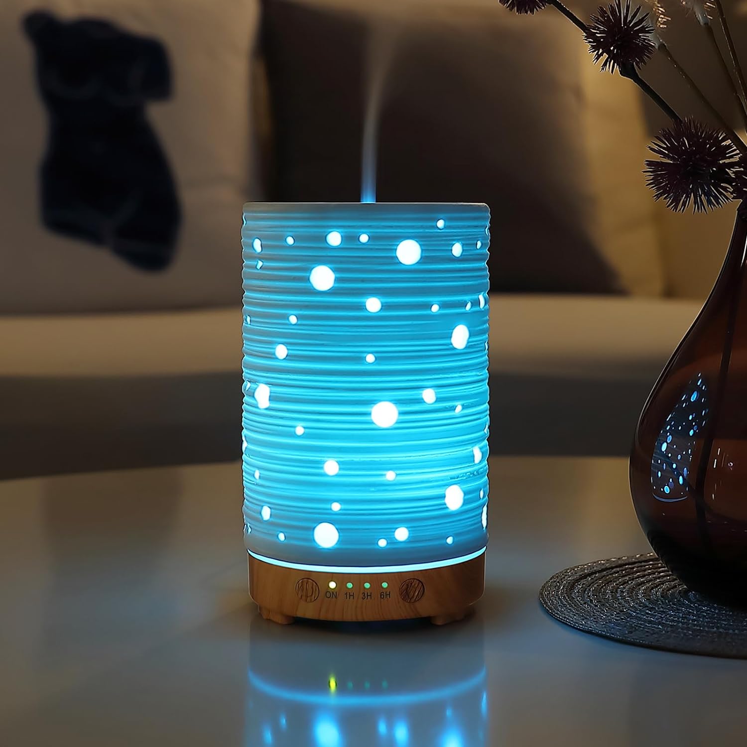 200ml Ceramic Aromatherapy Diffuser stone ultrasonic cool Mist scent Essential Oil Diffuser Humidifier With Intermittent Mist & LED 7 Colors Changing Night Light for Bedroom Office Home Décor