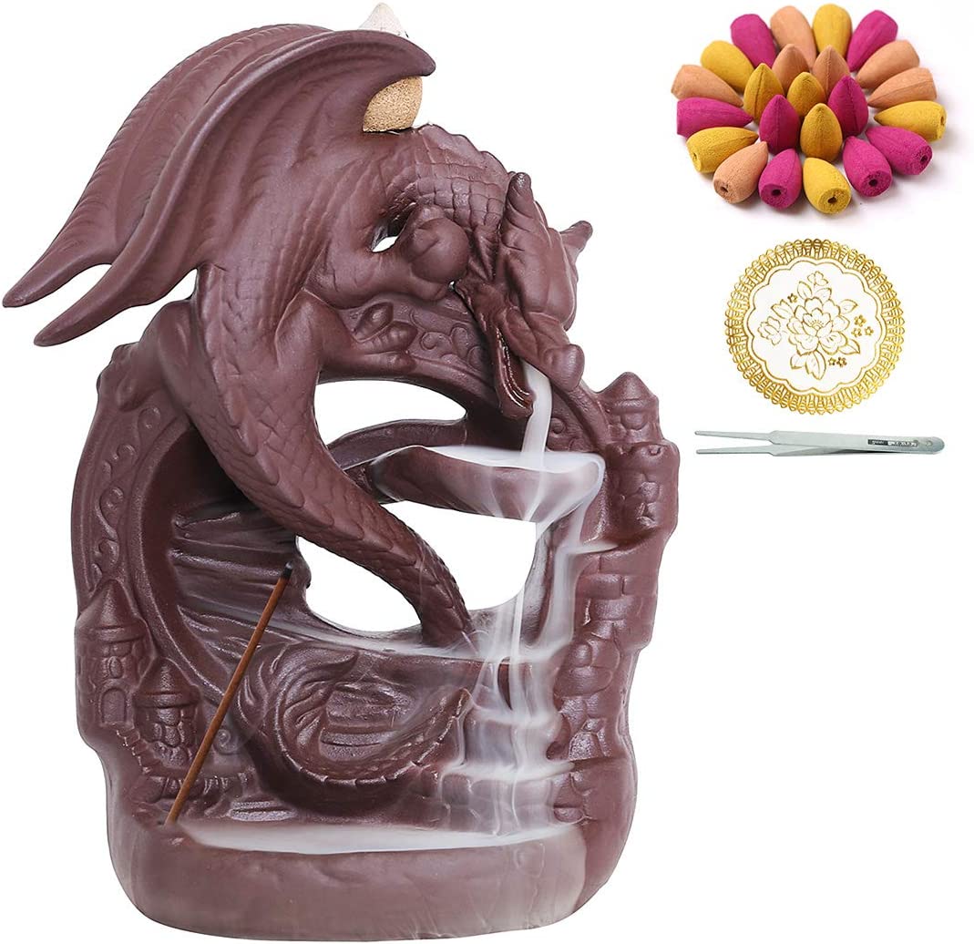 Ceramic Dragon Incense Burner w/ 100 Cones Waterfall Back flow Holder