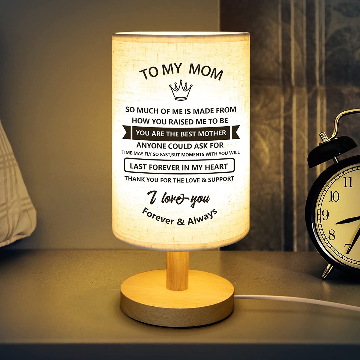 Mom Birthday/ Mothers Day Gifts - Fabric Wooden Desk Table Lamp for Bedroom Living Room