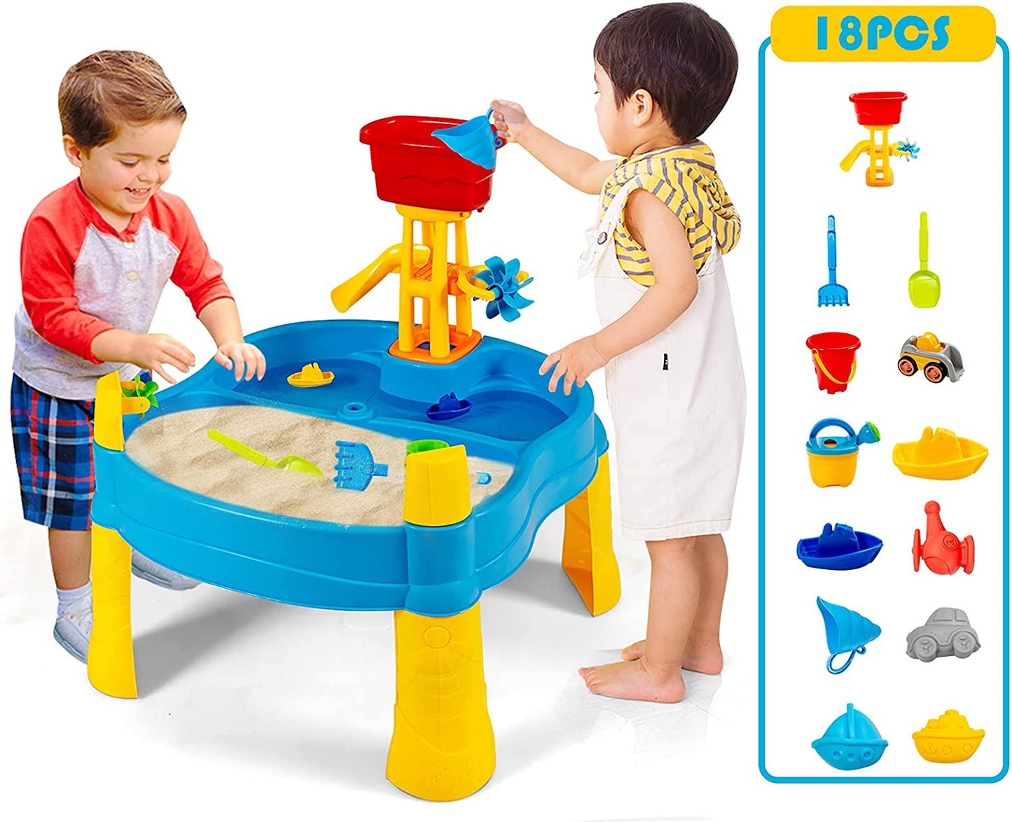 Kids Sand & Water Table, 2 in 1 Splash Water Table for Toddlers, Summer Beach Activity Play Table for Children Standing Sand Toys w/ 18 Pcs Accessories (Without Umbrella)