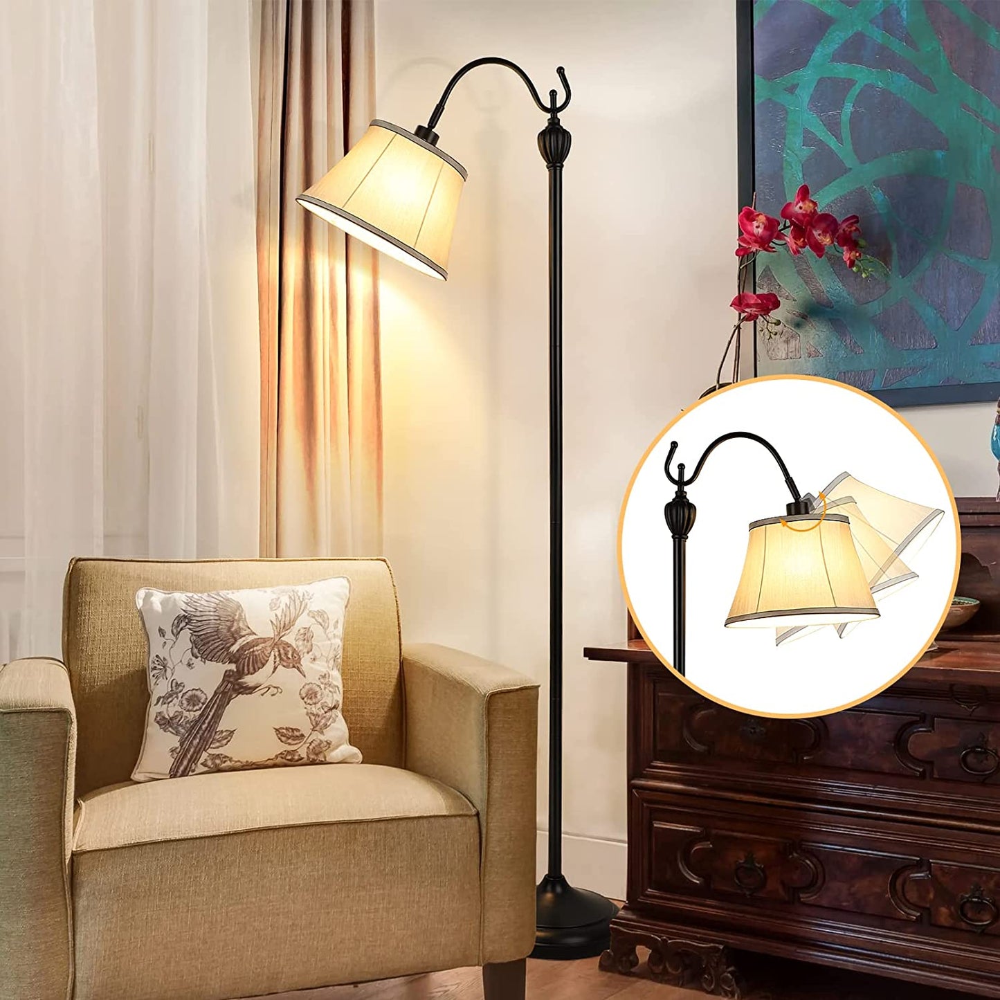 Floor Lamps for Living Room, Tall Standing Lamp with Shade, LED Farmhouse Pole Vintage,  Black