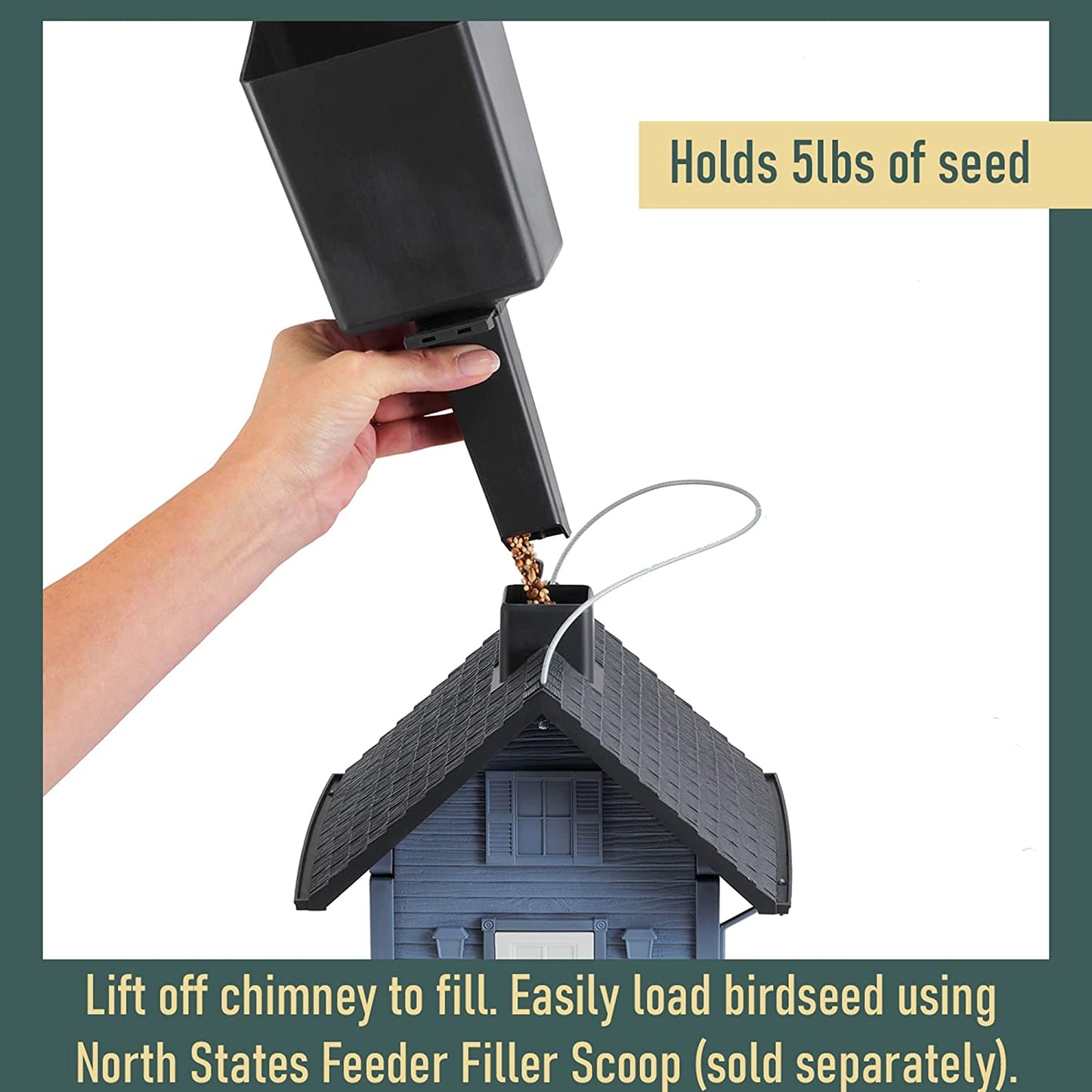 Blue Cottage Birdfeeder: Easy Fill & Clean. Squirrel Proof Hanging Cable included, or Pole Mount (pole sold separately). Large, 5 pound Seed Capacity (9.5 x 10.25 x 11, Blue)