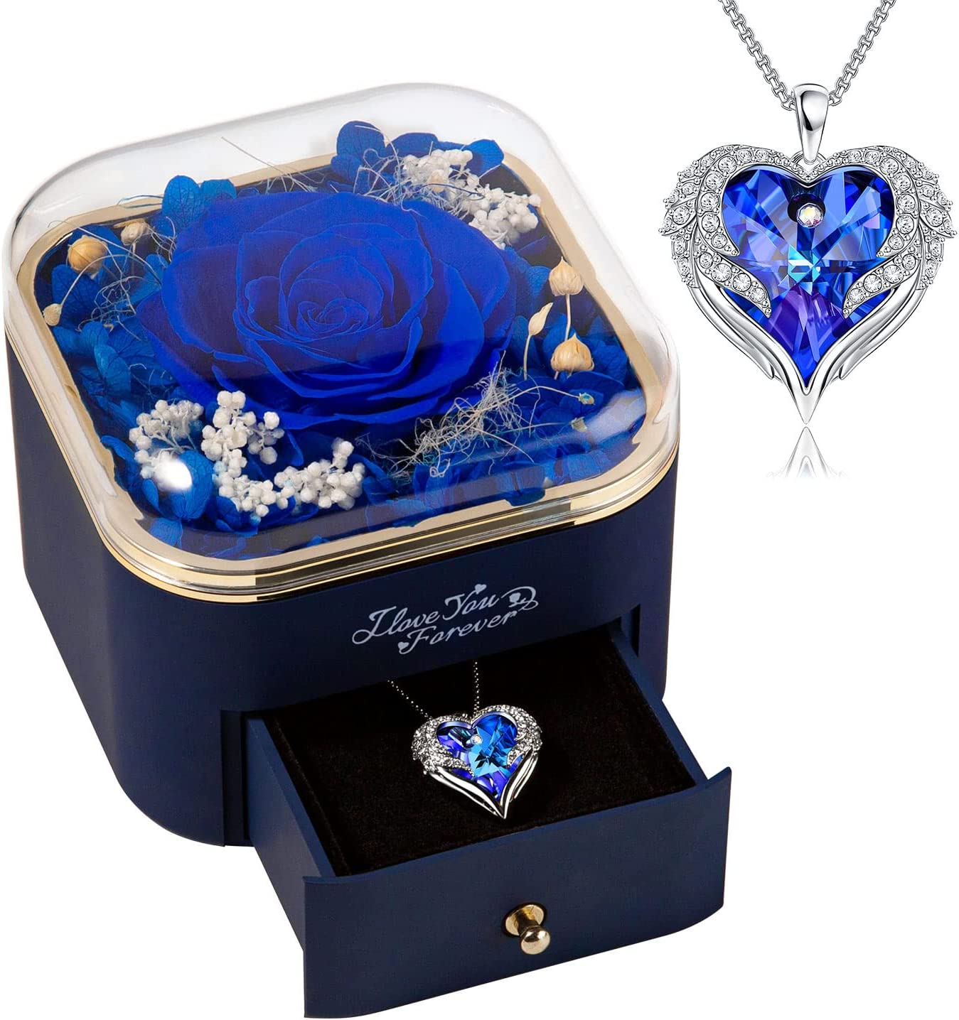 Valentines Day Gifts for Her Preserved Blue Rose with Blue Necklace for Women