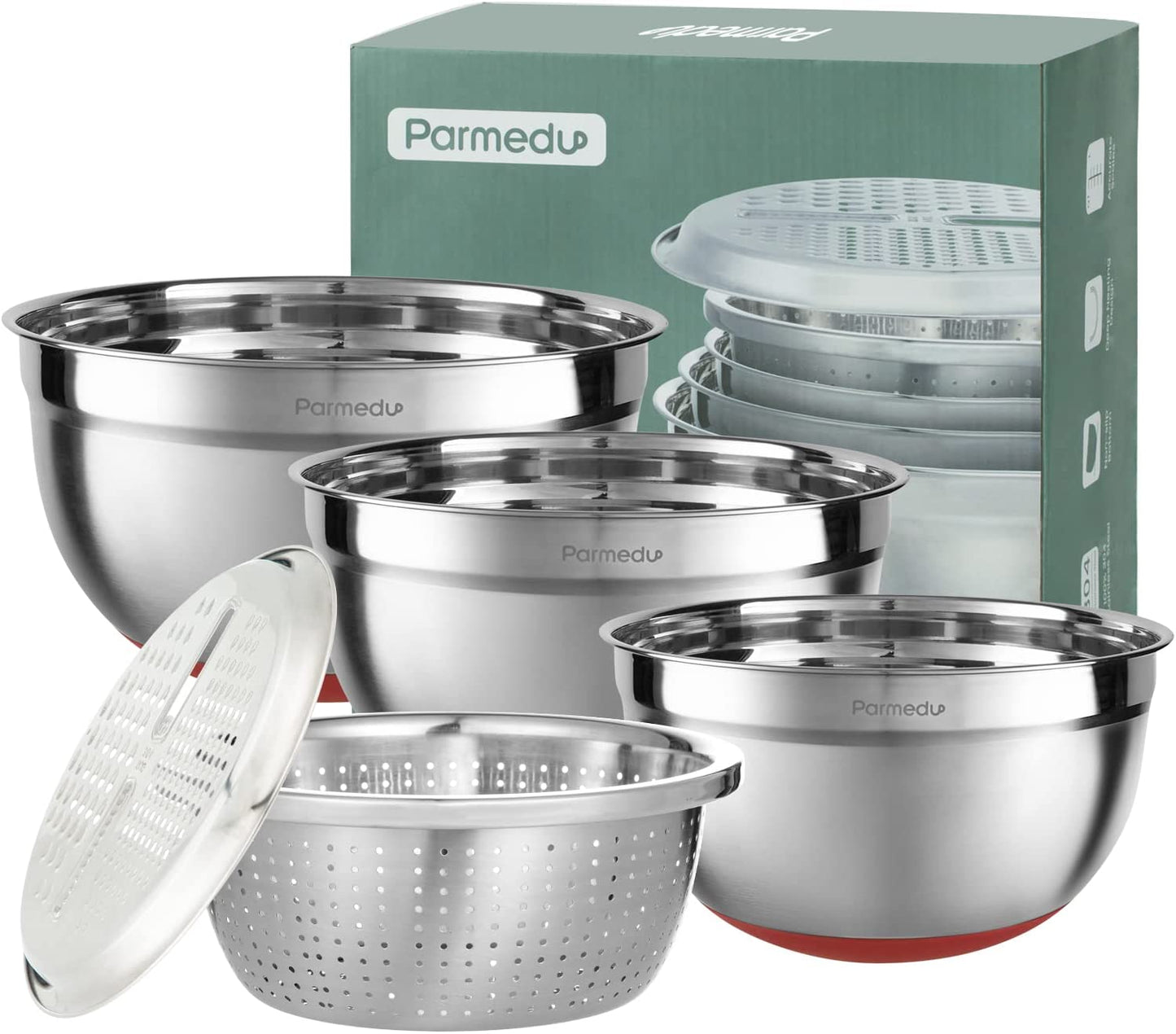 5-in-1 Multifunction Large 304 Stainless Steel Mixing Bowl Set, 3 Deep Nesting Salad Bowls Size 4QT, 3QT, 2.5QT & Colander & Grater