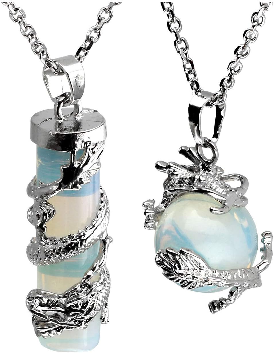 2pcs Dragon Wrapped Round Ball Cylinder Gemstone Healing Crystal Stone Dragon Pendant Necklaces Jewelry Set for Men Women