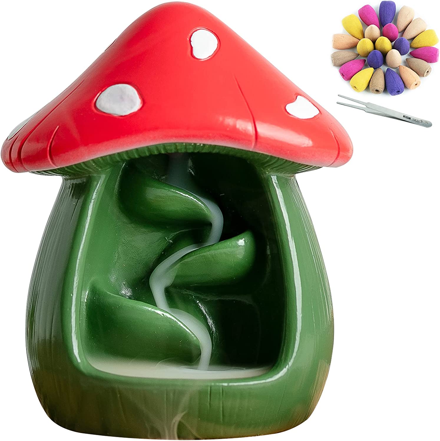 Cute Mushroom Incense Holder with 60 Incense Cones- Green