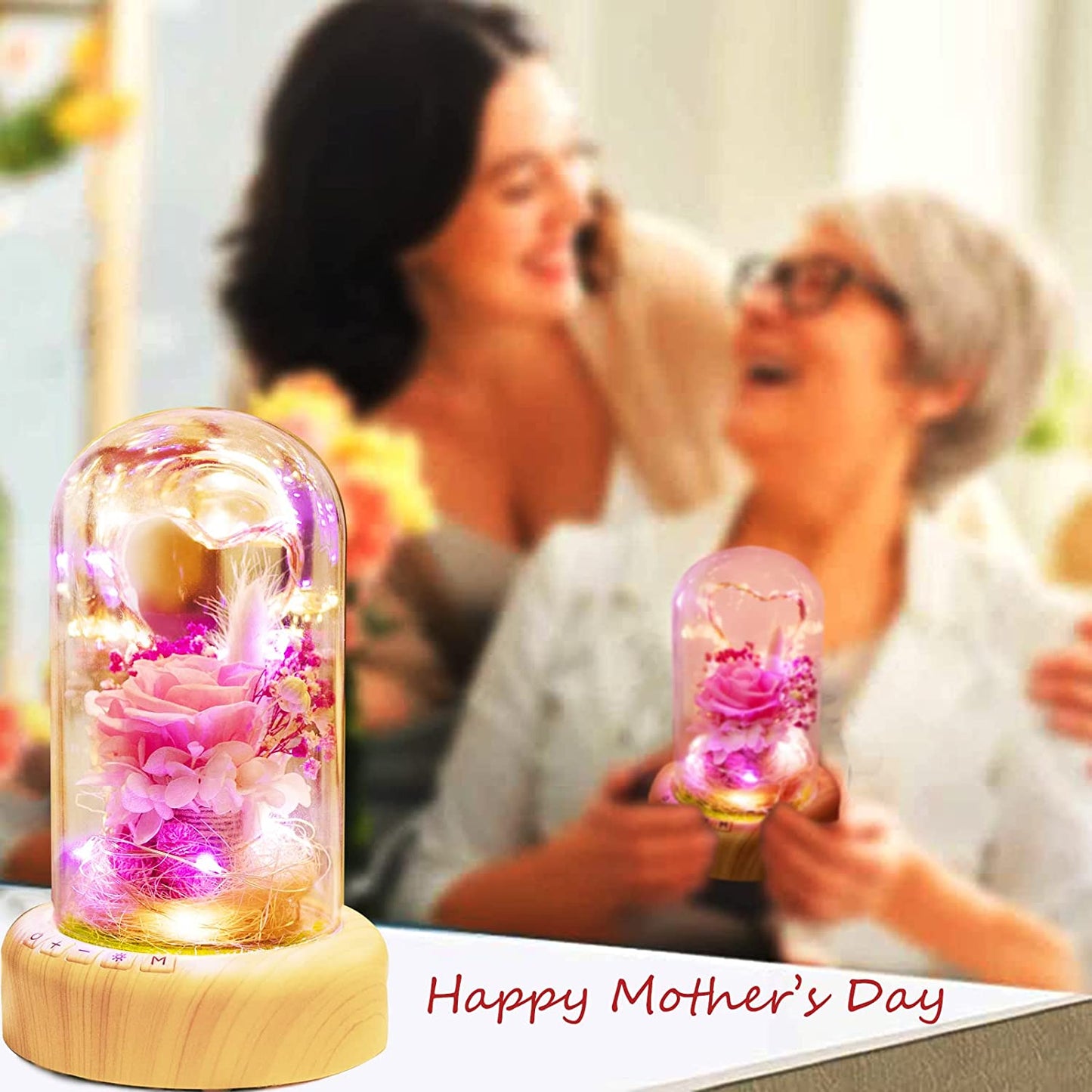 Pink Rose Night Light Preserved Rose in Glass Dome, Lamp w/ Bluetooth Speaker Best for Gift for Her/Mothers Day