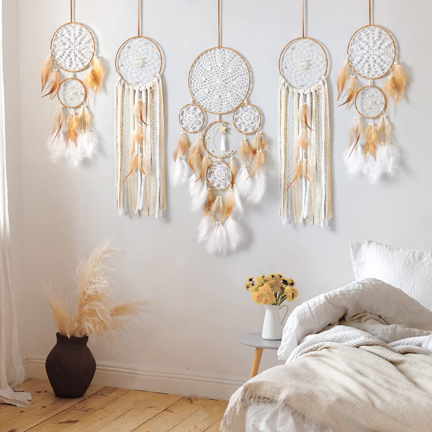 5 Pack Dream Catcher Moon and Sun Design Boho Wall Hanging Decor Handmade Traditional Feathers