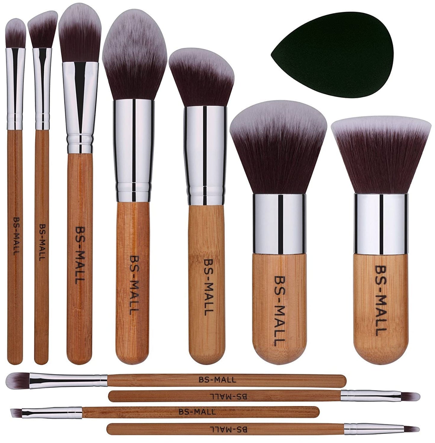 Makeup Brush Set 11Pcs Bamboo Synthetic Kabuki Brush Foundation Powder Blending Concealer Eye shadows Blush Cosmetics Brushes with Organizer Bag & Makeup Sponge