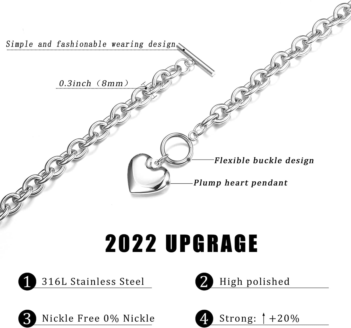 3Sets Heart Pendant Necklace Toggle Chain Bracelet Stud Earrings Stainless Steel, Silver Tone