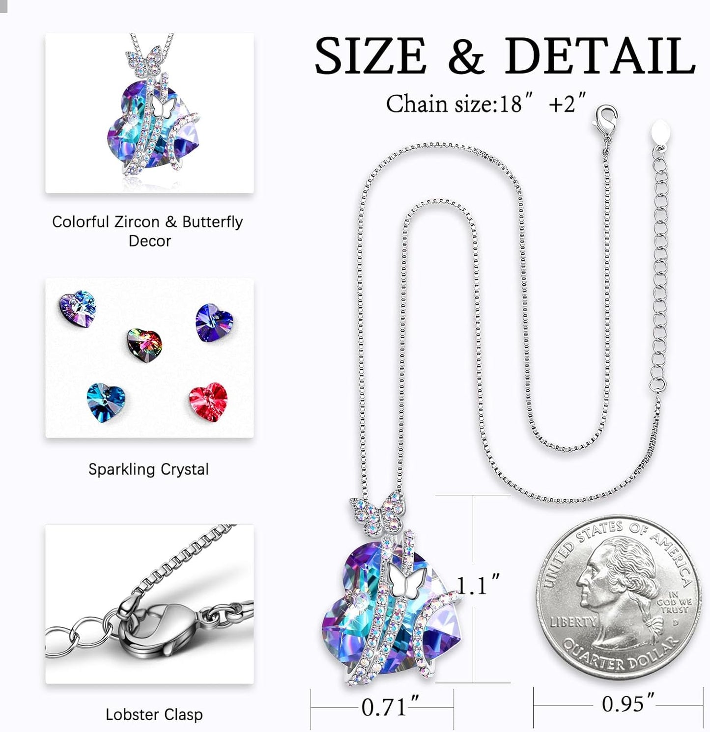 Necklaces for Women, Butterfly Love Heart Pendant with Birthstone Crystals, Valentines Day Gifts for Her