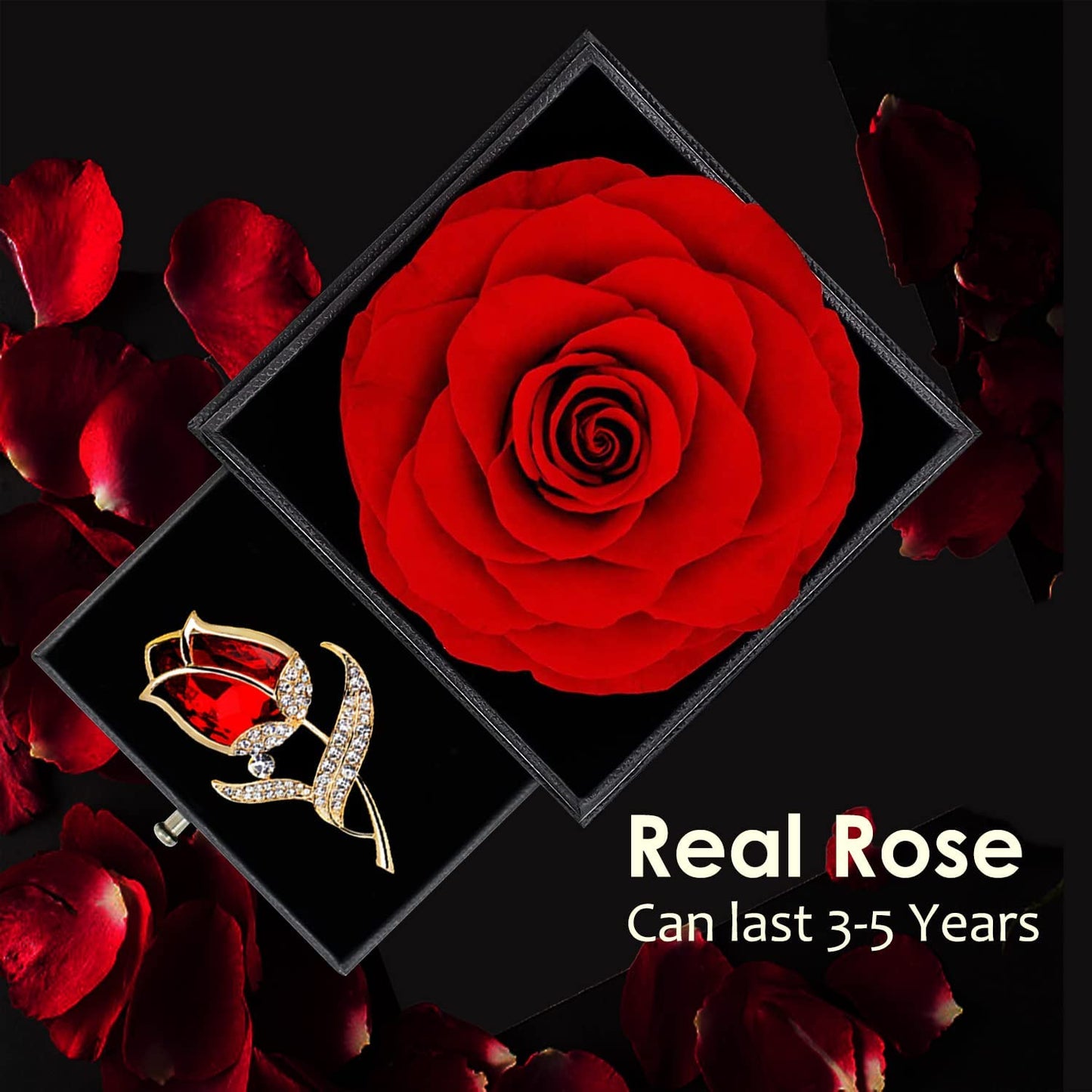 Red Rose Gift Box- Enchanted Real Rose w/ Ruby Rose brooch, Eternal Rose Flower
