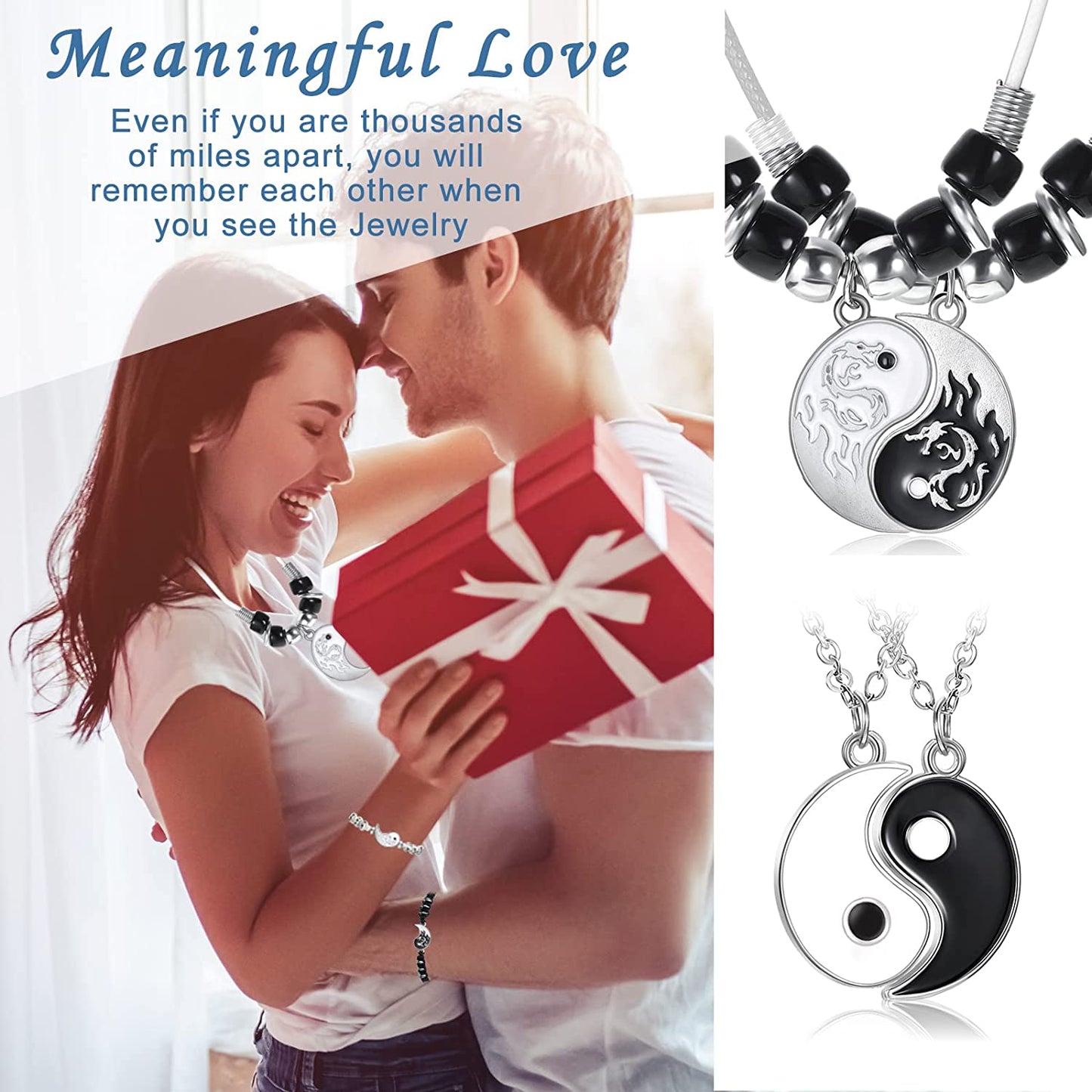 8 Pieces Matching Yin Yang Pendant Necklace Bracelet Set Couple Adjustable Black White, Chic Style