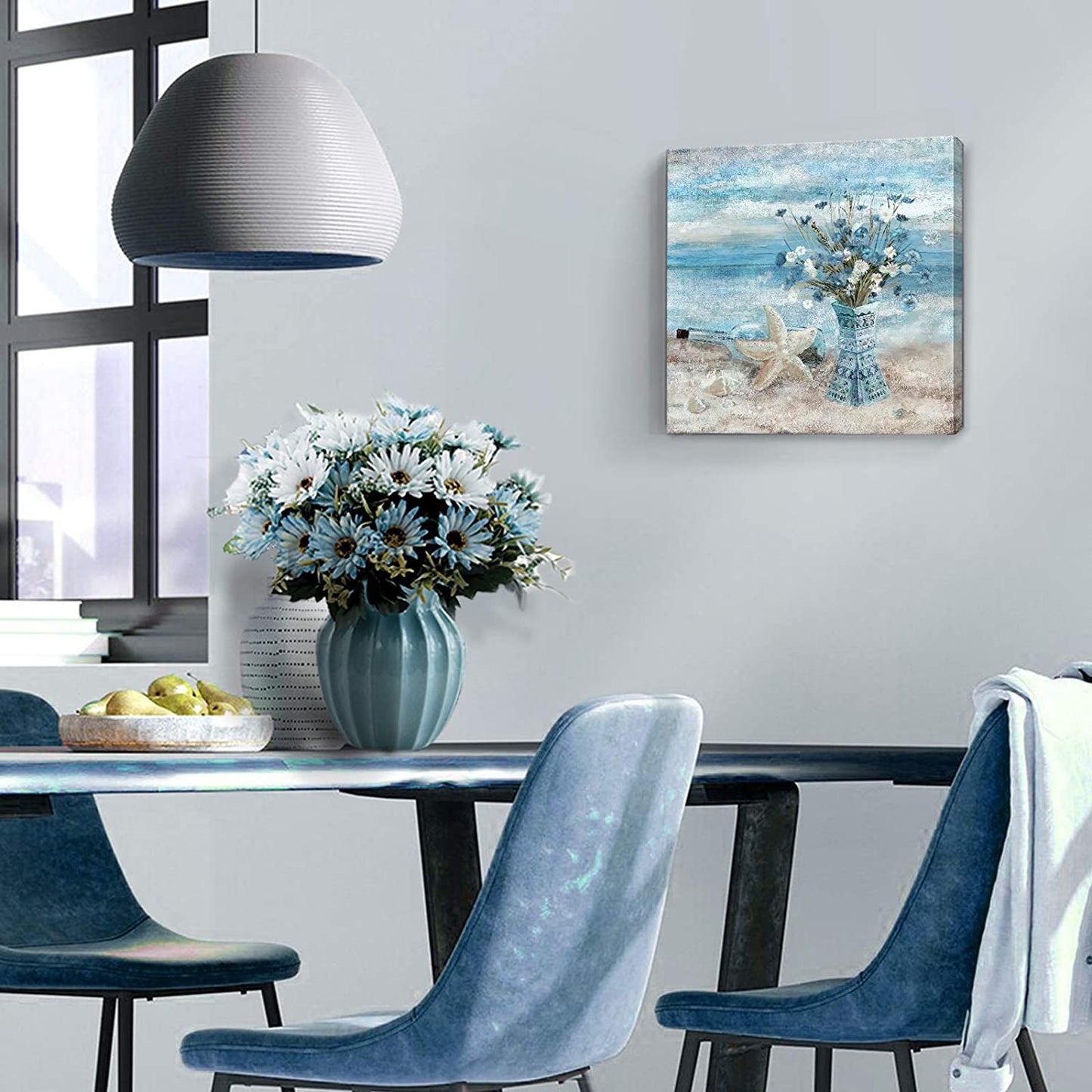 Wall Art Blue Beach Picture Ocean Theme Flower Canvas Print Modern Coastal Seascape Painting Framed 14x14inch