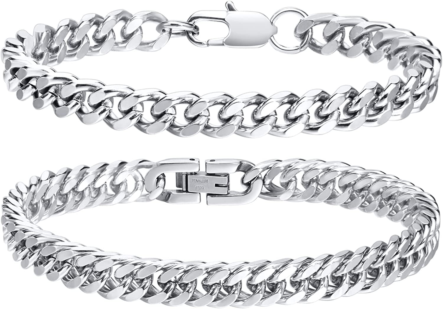 2Pcs Cuban Link Chain Bracelet- Sturdy Stainless Steel Curb Width for Men 7.4/8.2/9in, Silver