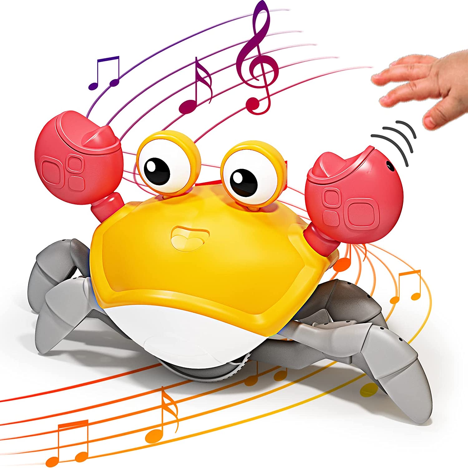 Yellow Crawling Crab Toys w/ Light Up, Interactive Musical w/ Automatically Avoid Obstacles, USB Rechargeable