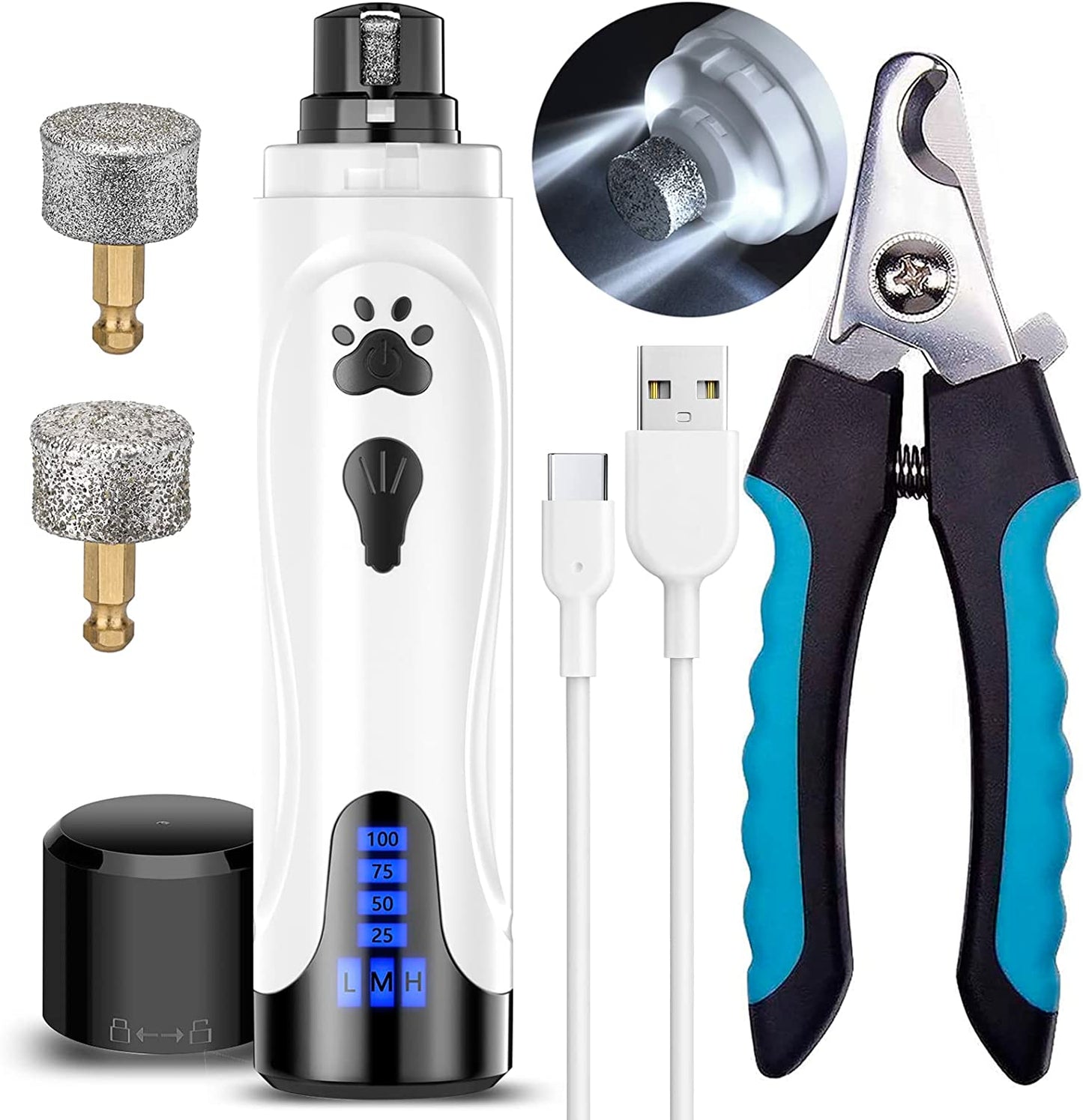 Dog Nail Grinder, Dog Nail Trimmers & Clippers Kit,3 Speeds, 2 Grinding Wheels, Blue Scissors