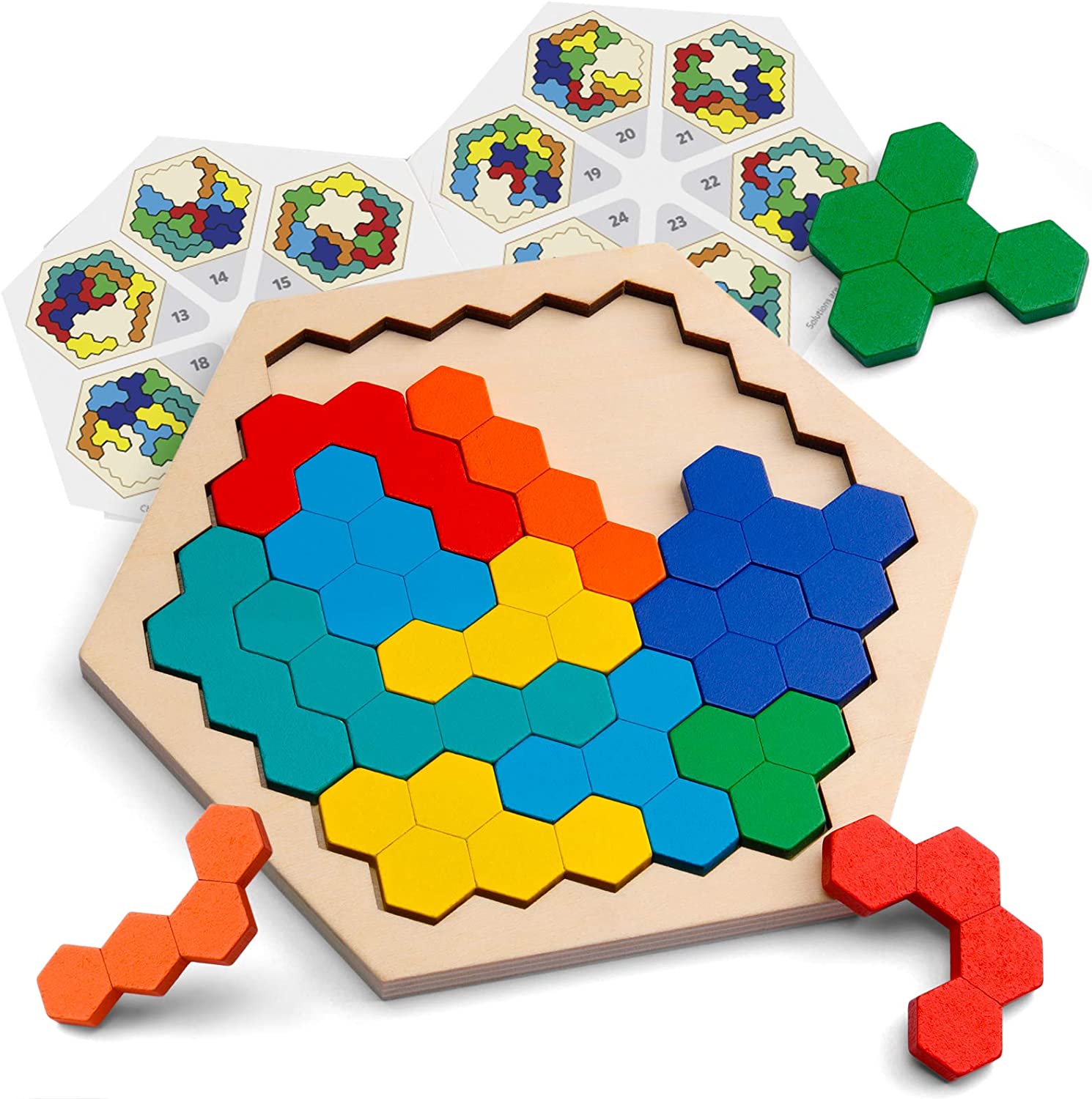 Wooden Hexagon Puzzle for Kid Adults-Shape Pattern Block Tangram Brain Teaser Toy