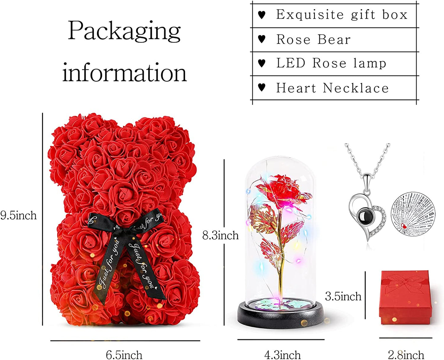 Birthday Rose Gifts for Women- Artificial Flower Rose (Rose Bear+LED Rose lamp+Necklace)