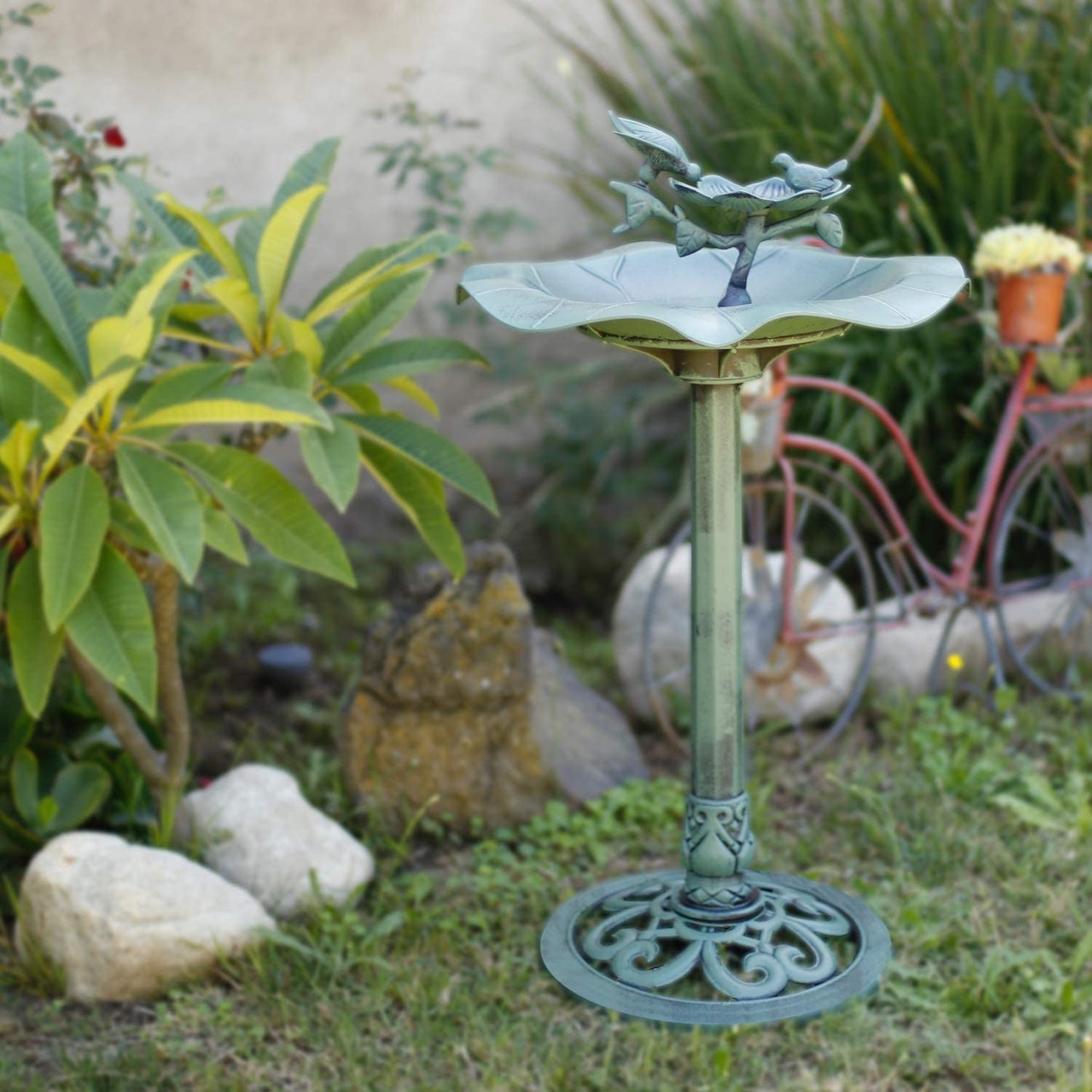 Birdbath Yard Statue, 20" L x 20" W x 33" H, Green & TEC114 Antique Flower Birdbath, 20" L x 20" W x 31" H, Green