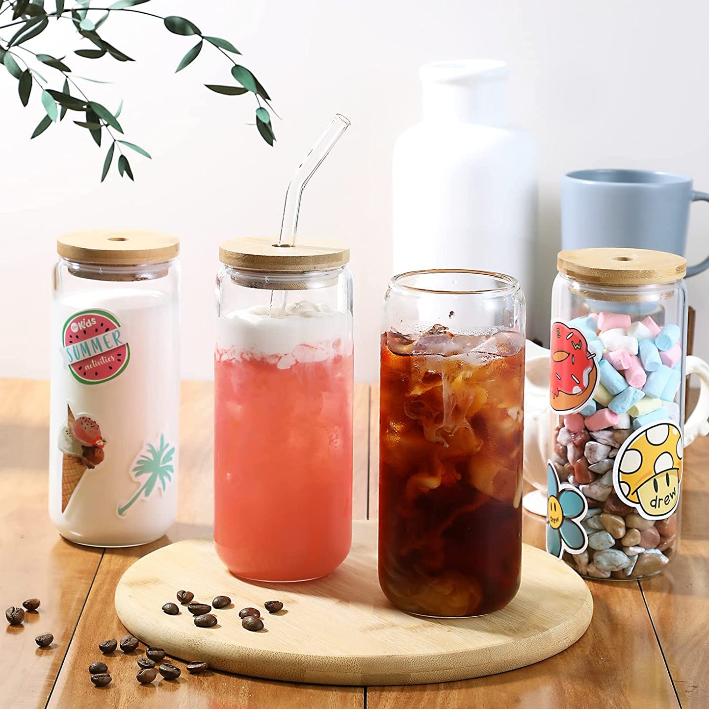 20 OZ Glass Cups with Bamboo Lids and Glass Straw - 4pcs Set Beer Can Shaped w/ 2 Cleaning Brushes