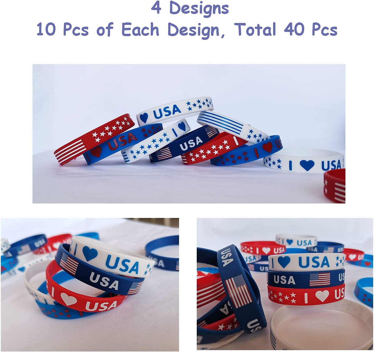 40Pcs American Flag Silicone Bracelet USA Veterans Day Memorial Day Patriotic Party Wristband