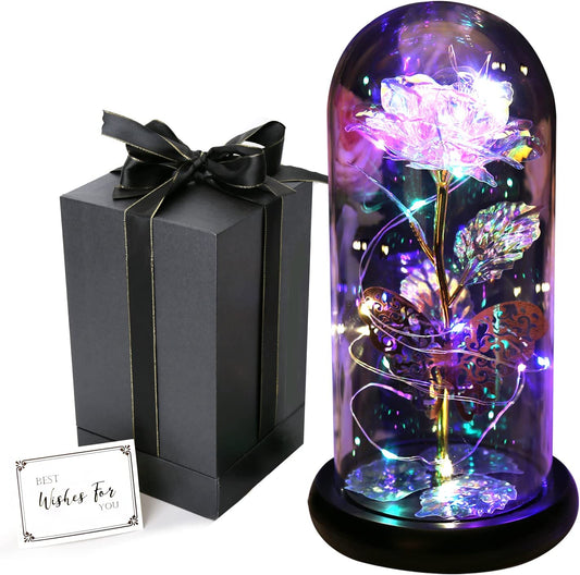 Beauty and The Beast Rose Light Up Galaxy Rose Gift w/ Butterfly in Glass Dome (Gold)