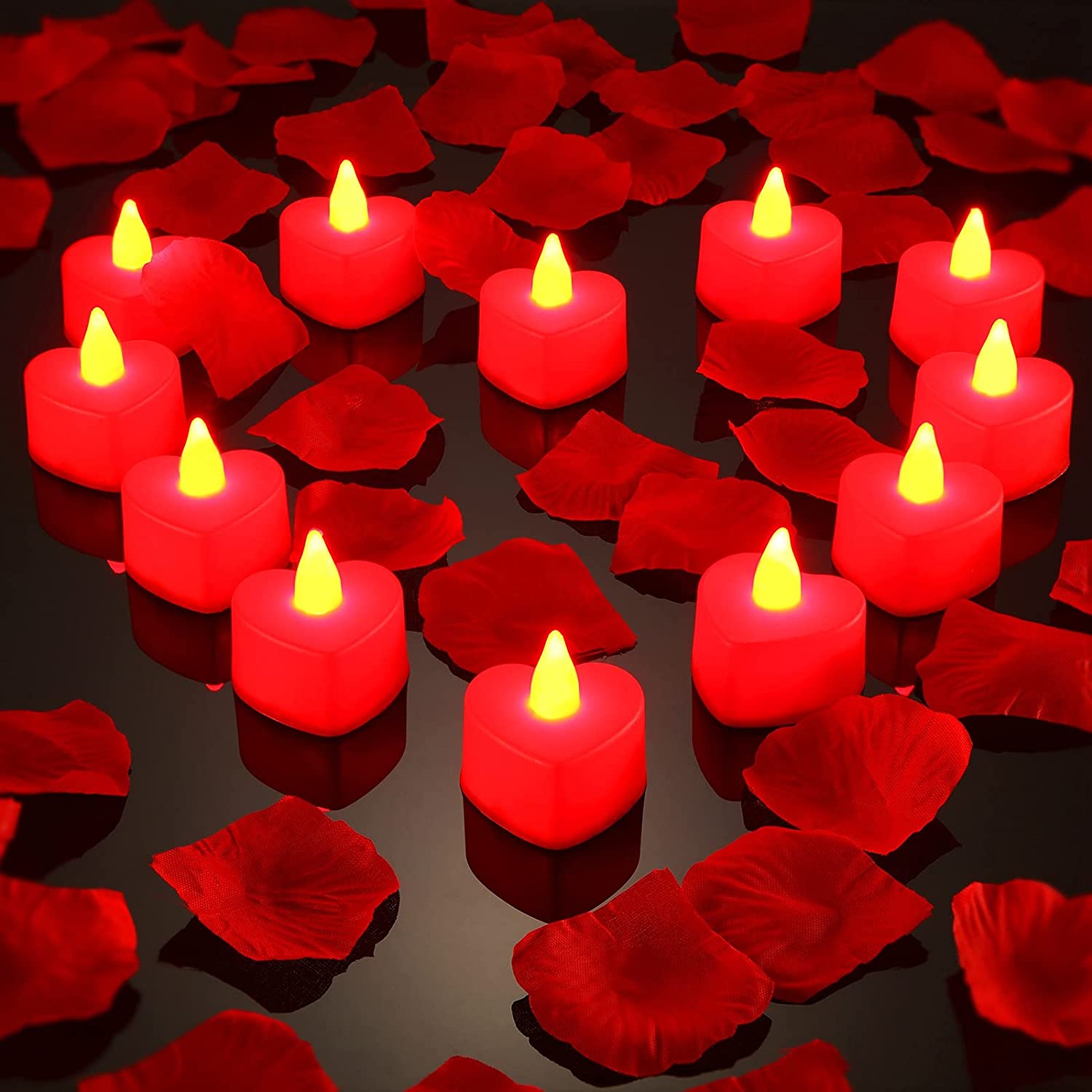 12 Pieces Heart Shape LED Tealight Candles w/ 200 Pieces Silk Rose Petals (Red Light, Red Petall)