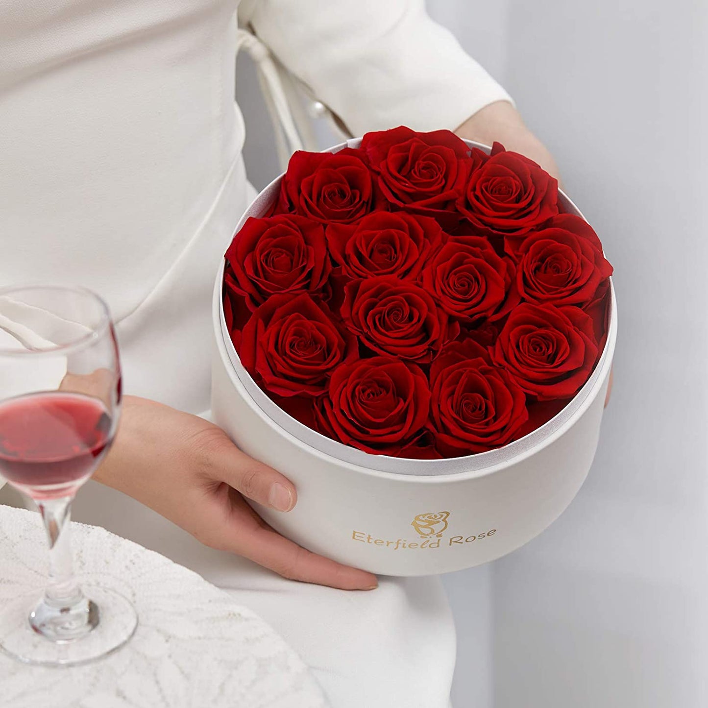 Eternal Rose in a Box Real Rose without Fragrance Gift for Her (12 Red Roses, Round White PU Leather Box)