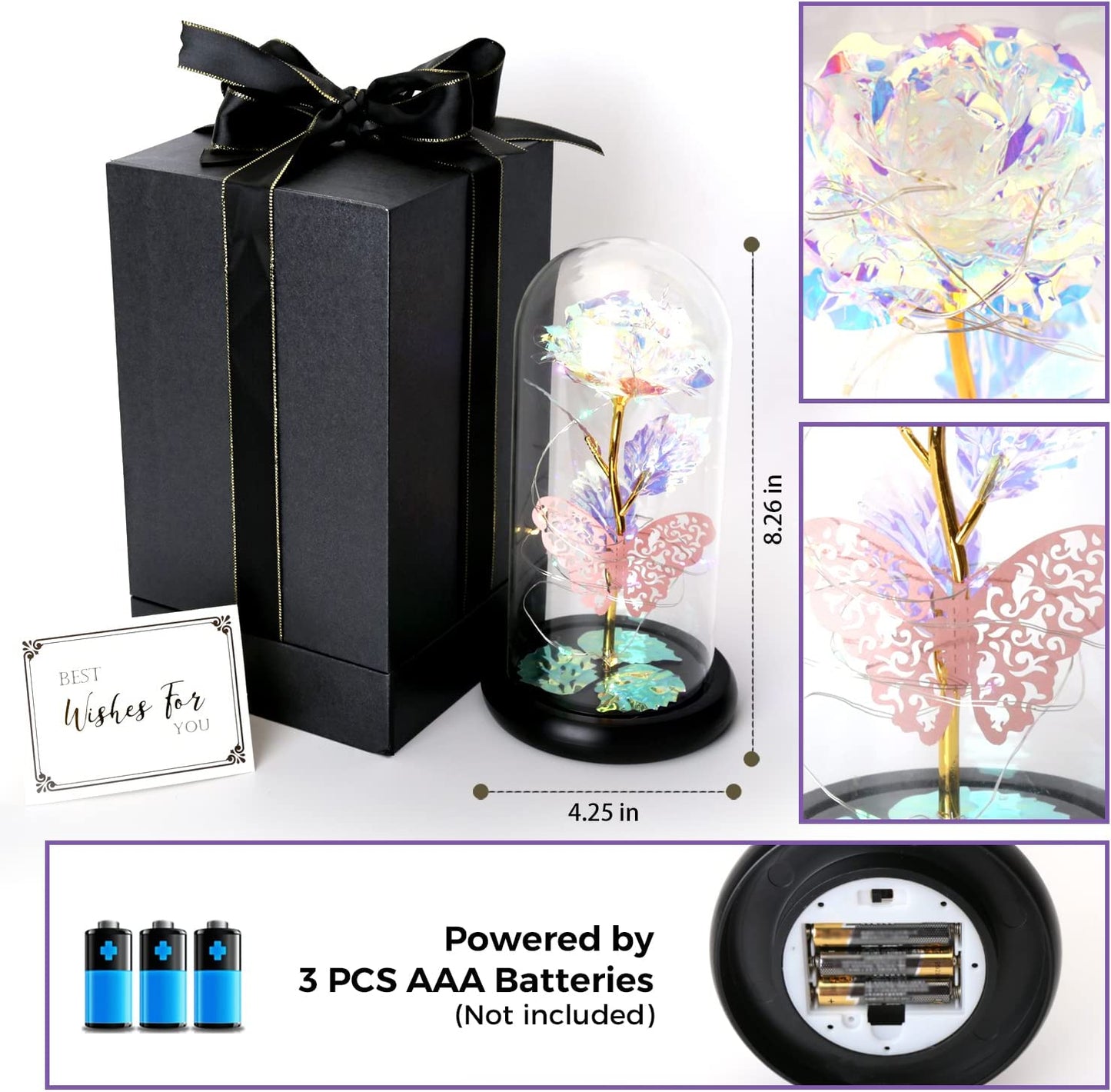 Beauty and The Beast Rose Light Up Galaxy Rose Gift w/ Butterfly in Glass Dome (Gold)