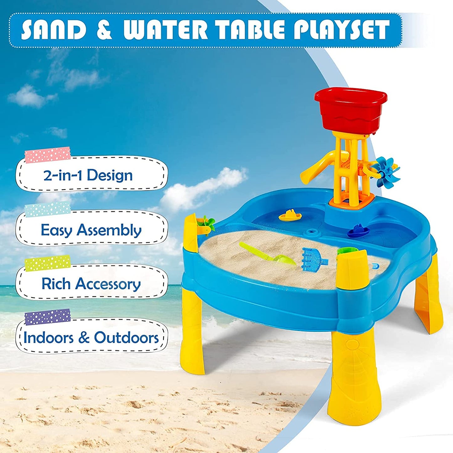 Kids Sand & Water Table, 2 in 1 Splash Water Table for Toddlers, Summer Beach Activity Play Table for Children Standing Sand Toys w/ 18 Pcs Accessories (Without Umbrella)