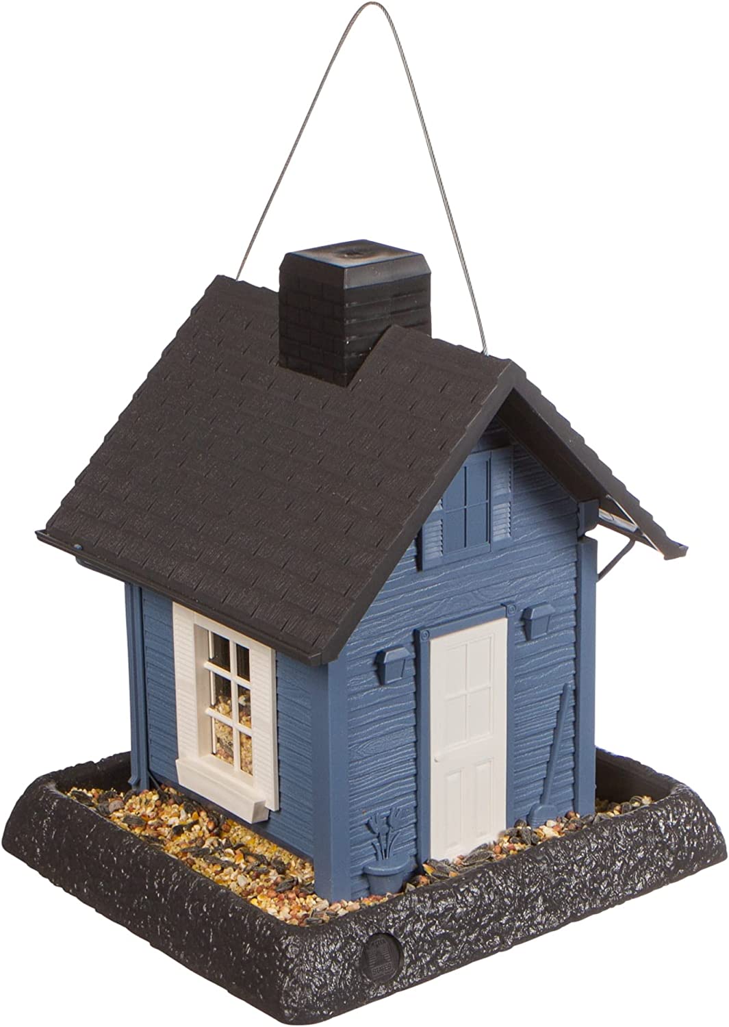 Blue Cottage Birdfeeder: Easy Fill & Clean. Squirrel Proof Hanging Cable included, or Pole Mount (pole sold separately). Large, 5 pound Seed Capacity (9.5 x 10.25 x 11, Blue)