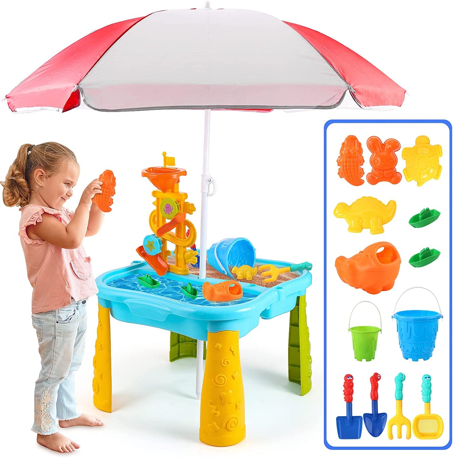 Toddlers Sand & Water Table w/ Umbrella, Water Table for Sensory Activity