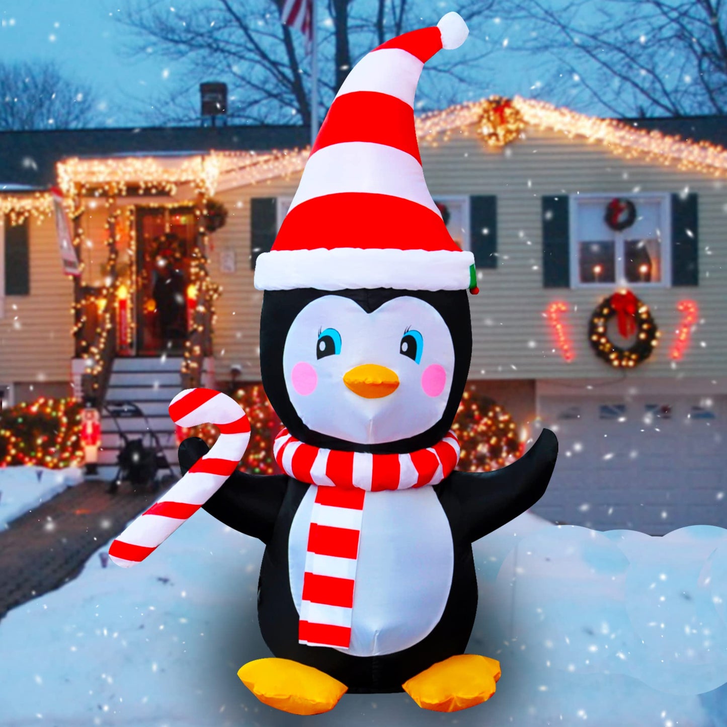 4 Ft LED Light Up Inflatable Christmas Penguin with Scarf & Candy Decoration for Yard Lawn Garden Home Party