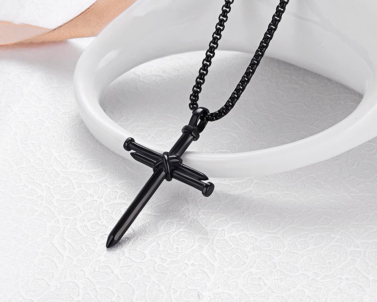 Men's Stainless Steel Nail Cross Pendant Necklace w/ 24 Inch Chain Polished Black