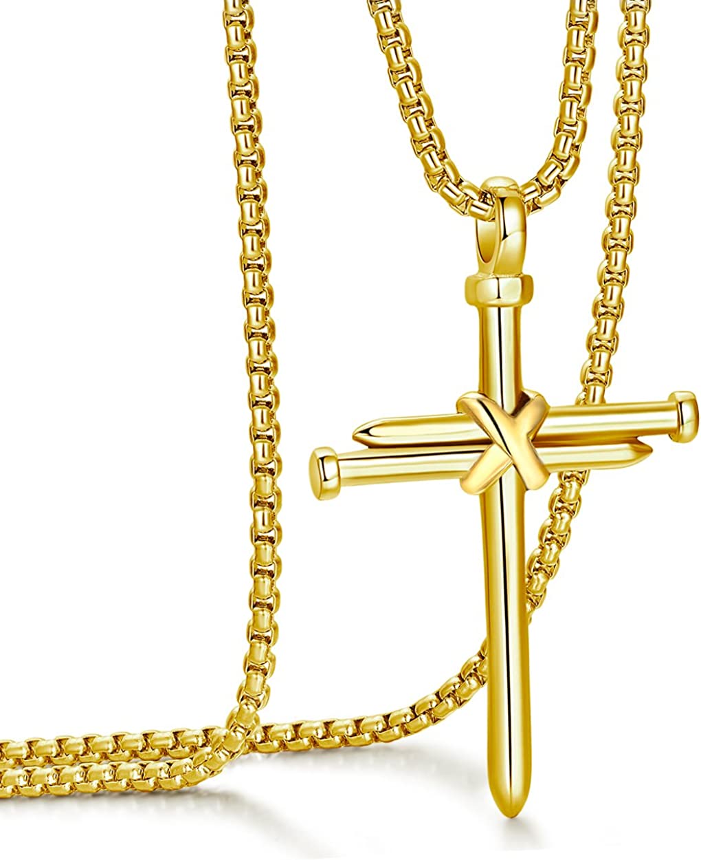 Men's Stainless Steel Nail Cross Pendant Necklace with 24 Inch Chain Polished Gold