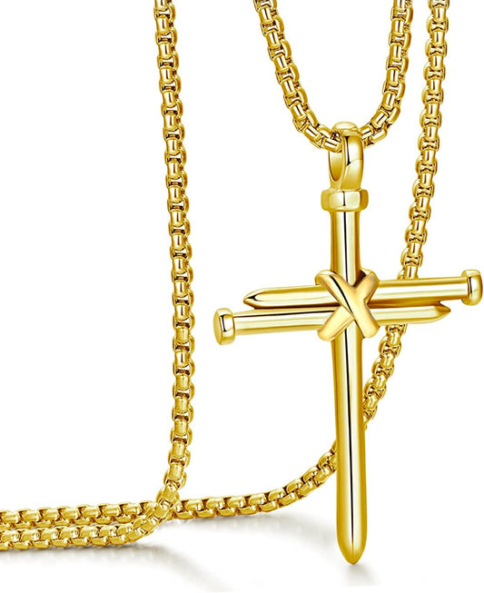 Men's Stainless Steel Nail Cross Pendant Necklace with 24 Inch Chain Polished Gold