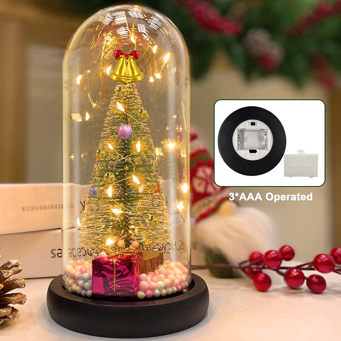 Pre-lit Christmas Tree in Glass Dome Christmas Decoration, Battery Operated