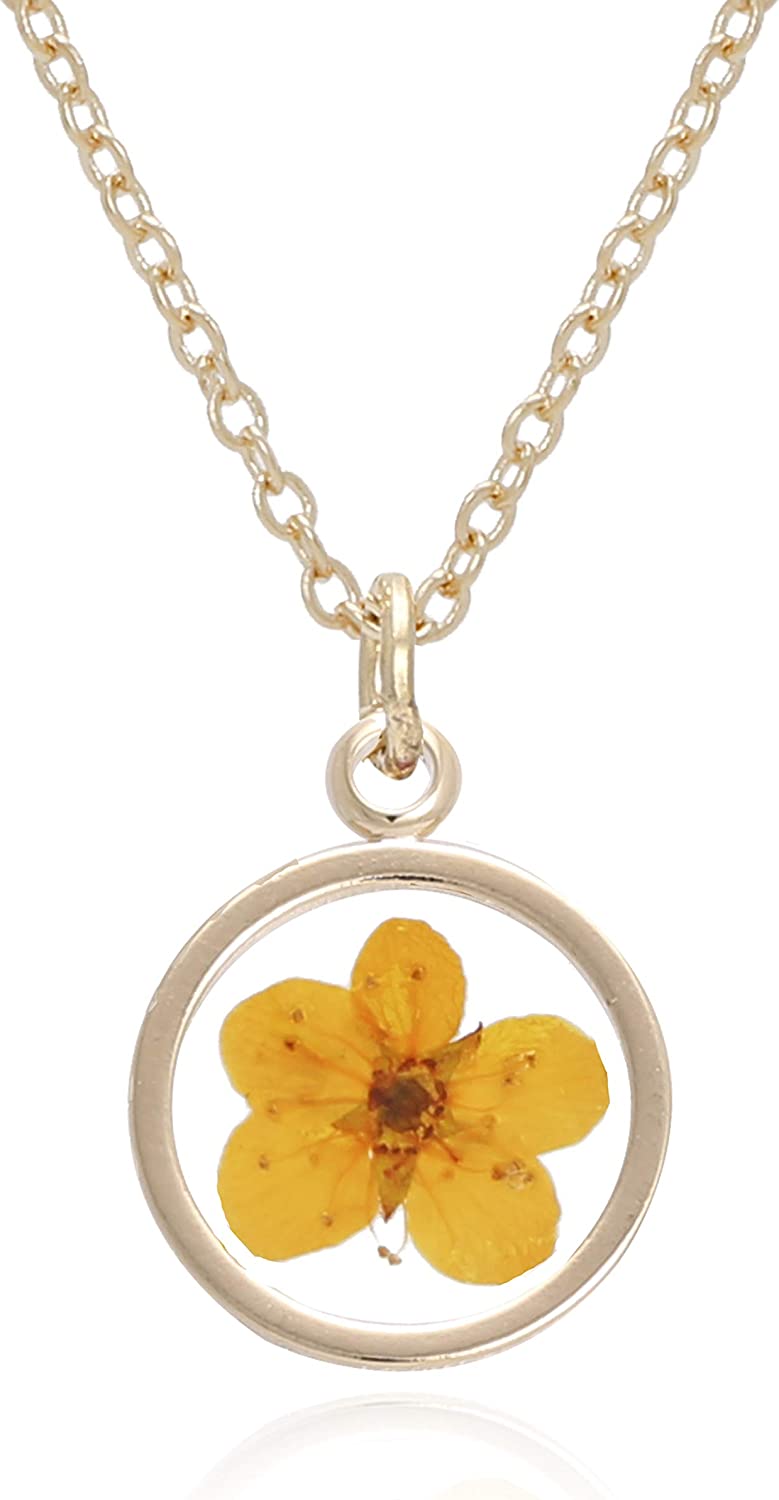 Pressed Flower Circle Frame Pendant with Yellow Gold Plated Necklace, Yellow