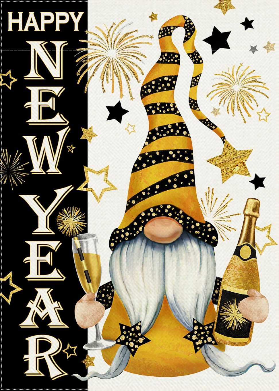 Happy New Year Gnome Decorative Garden Flag, Celebration Champagne Fireworks Stars Yard Outside Decorations, 2024 Black Gold Outdoor Small Burlap Home Decor Double Sided 12 x 18