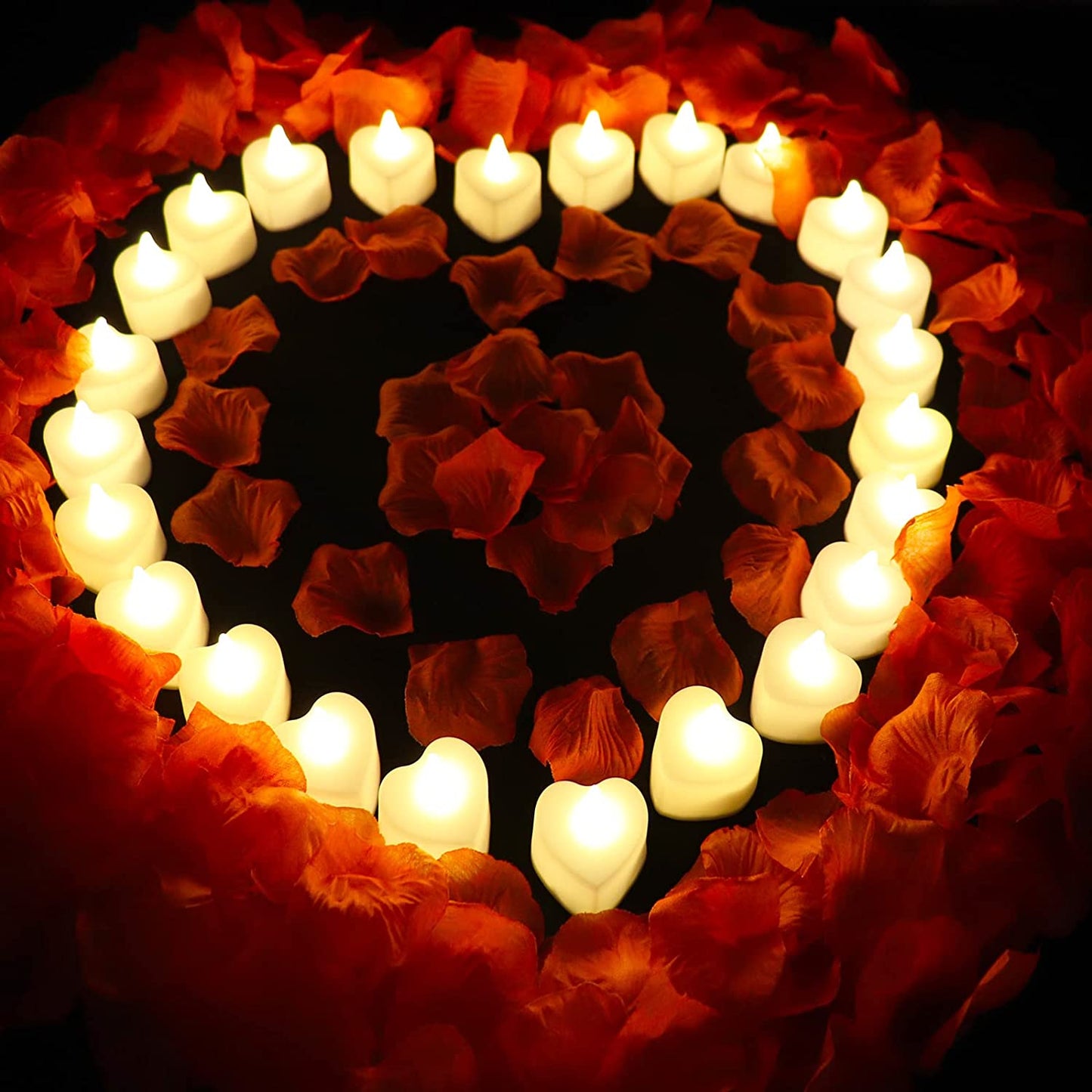 1000 Pieces Artificial Rose Petals with 24Pcs Heart Shaped LED Candles Flameless, Warm White