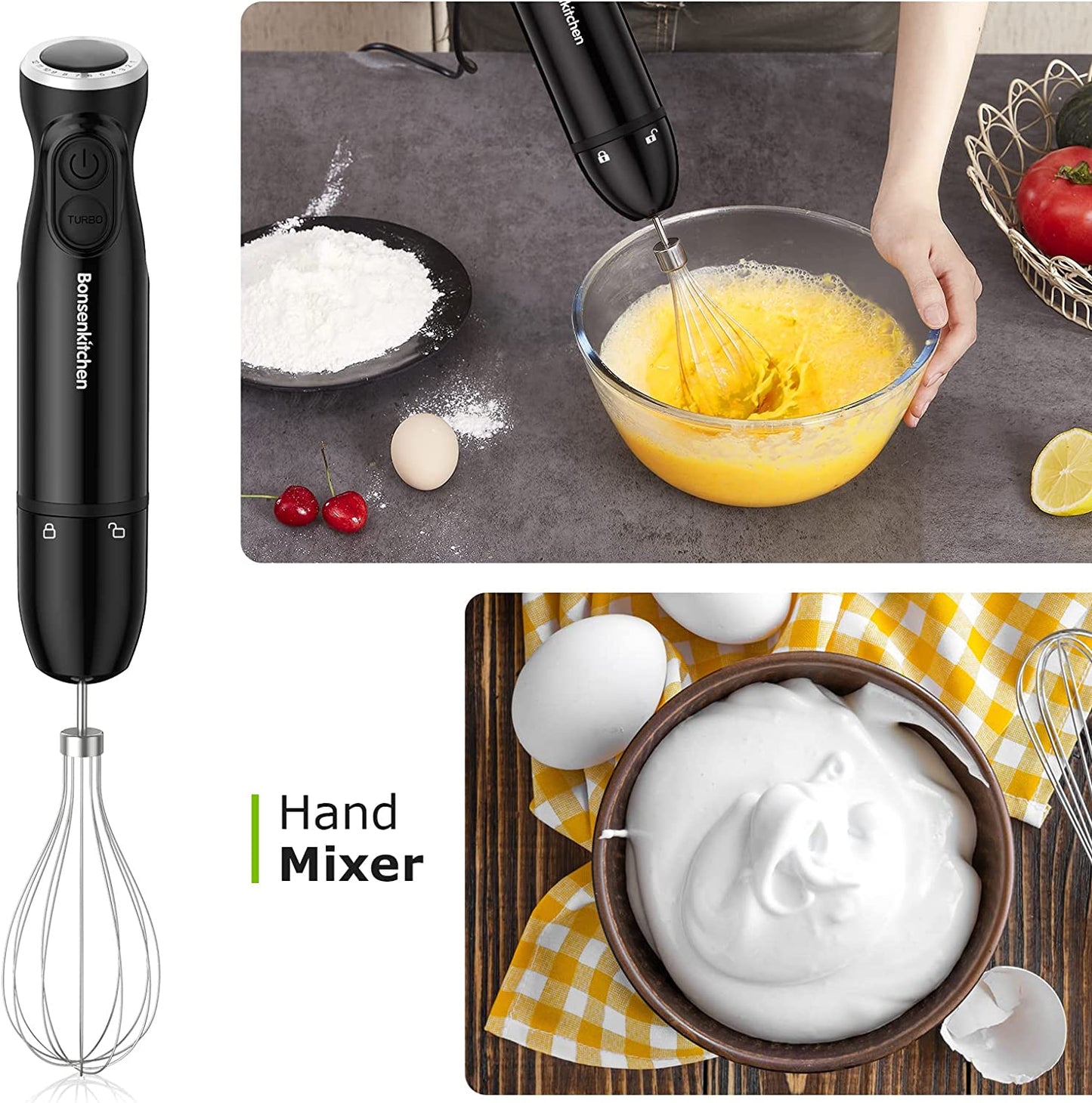 3 in 1 Kitchen Immersion Blender Handheld, 12-Speed & Turbo Hand Blender Electric w/ Sharp Blades w/ Egg Whisk, 24oz Beaker