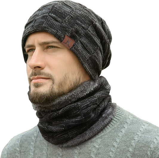 Mens Winter Hats Scarf Set Warm Knit Hats Skull Cap Neck Warmer with Thick Fleece Lined Winter Hat & Scarf for Women
